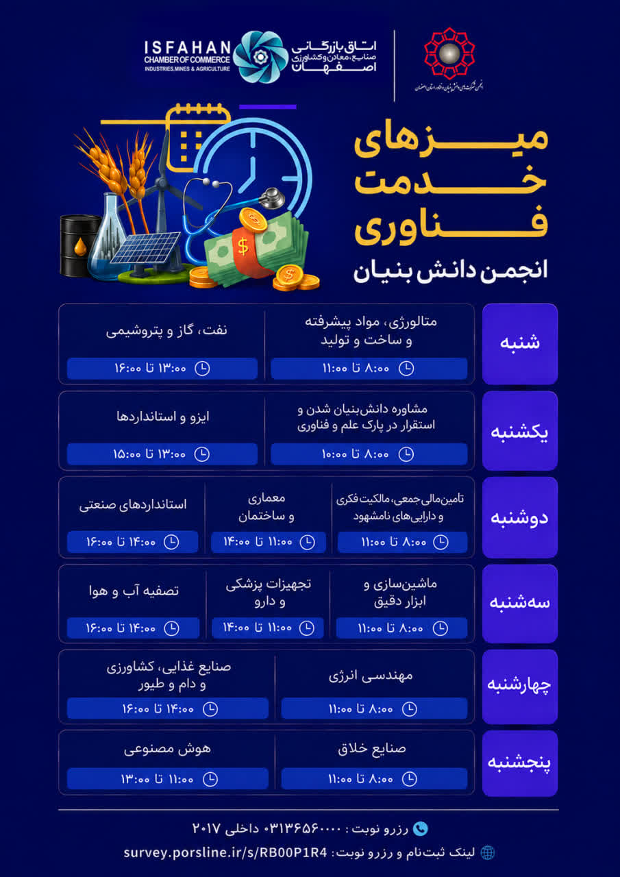 یادآوری ثبت‌نام میزهای خدمت فناوری انجمن شرکت‌های دانش‌بنیان و فناور استان اصفهان